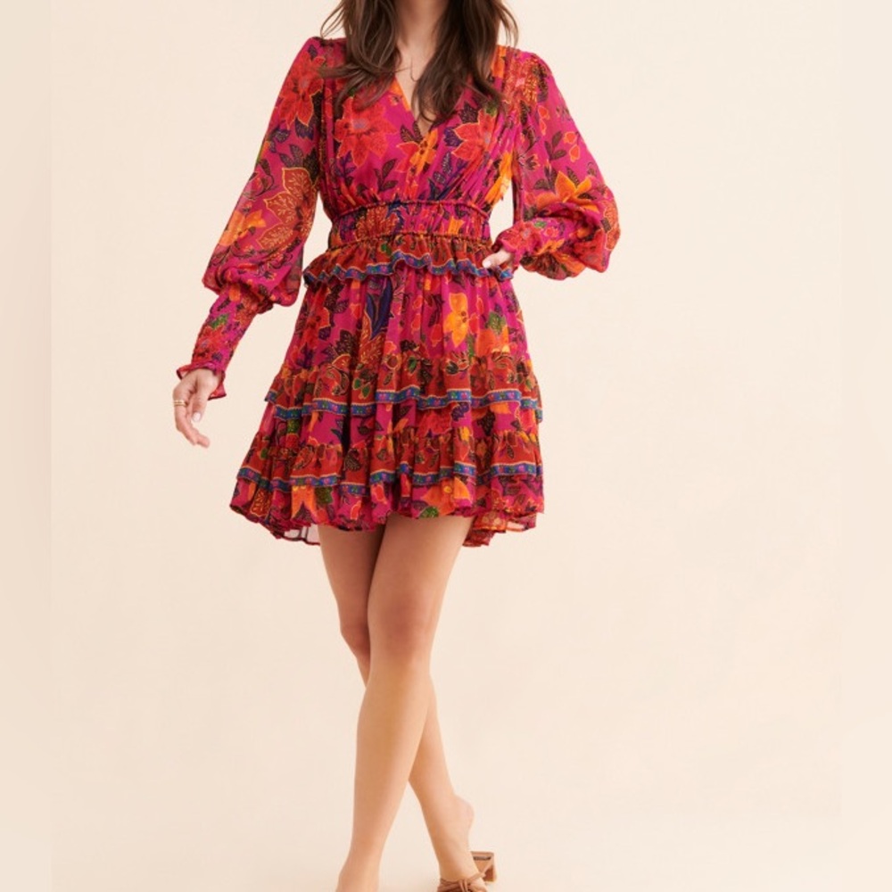 Farm Rio Tropical Tapestry Mini Dress Long Sleeve Floral Pink Size Medium - Picture 2 of 16